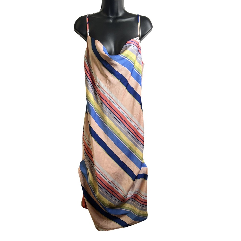 Lucy Paris Dress Womens Medium Multicolor Striped Slip Satin Midi Cowl Neck NWT